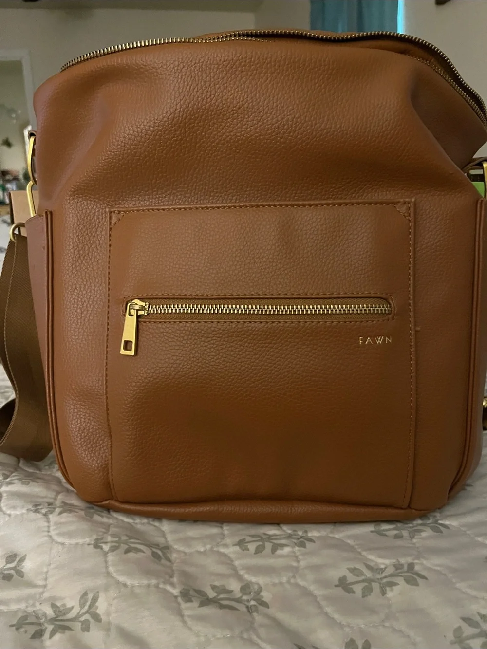 Fawn Design Tan Leather Baby Bag with Gold Hardware